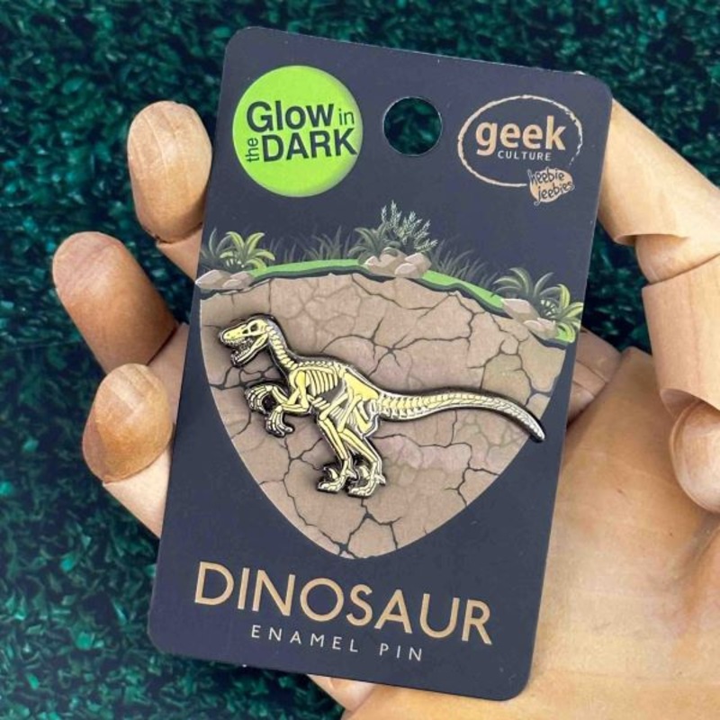 Velociraptor Glowing Dinosaur Skeleton Enamel Pin