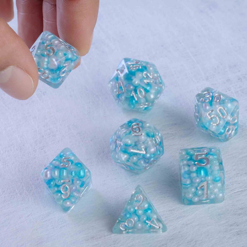 White and Blue Ball Filled Resin Polyhedral Dice Set