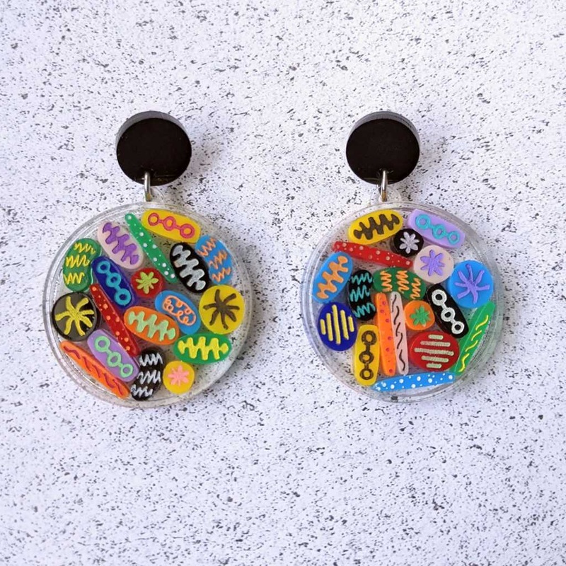 Acrylic Petri Dish Earrings With Tiny Microbes