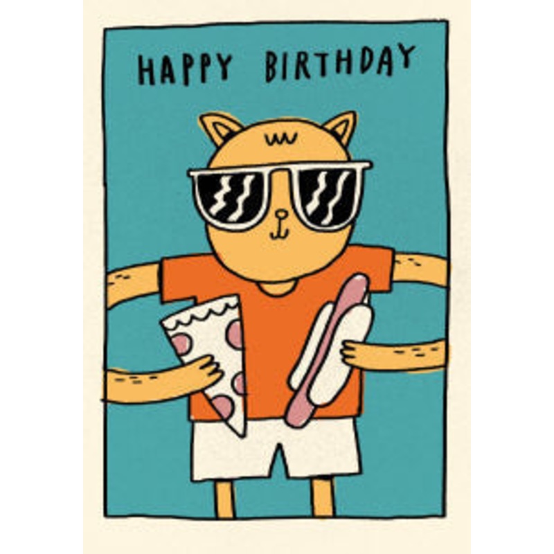 Happy Birthday Pizza Hot Dog Cat Card