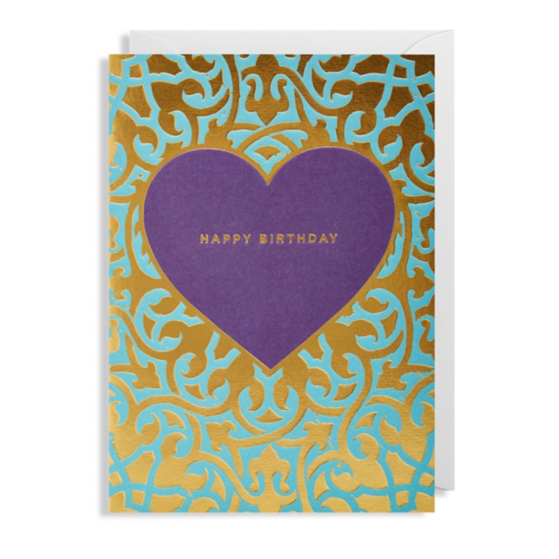 Happy Birthday Purple Heart Gold Embossed Card