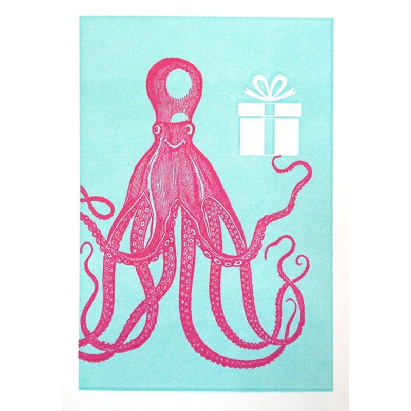Pink Octopus Holding Gift Mini Birthday Card