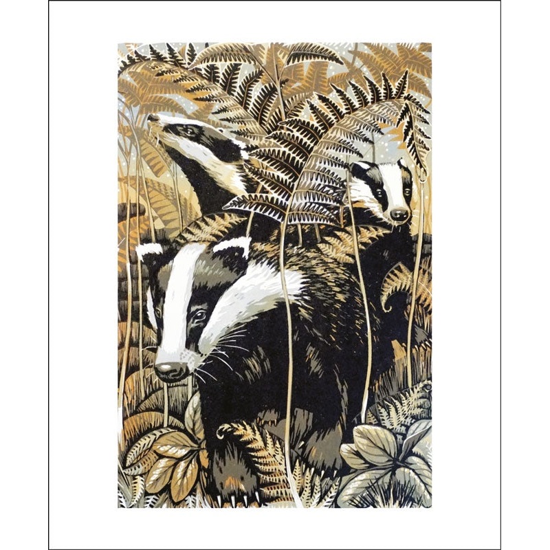 Badgers Linocut by Martin Truefitt Baker Card