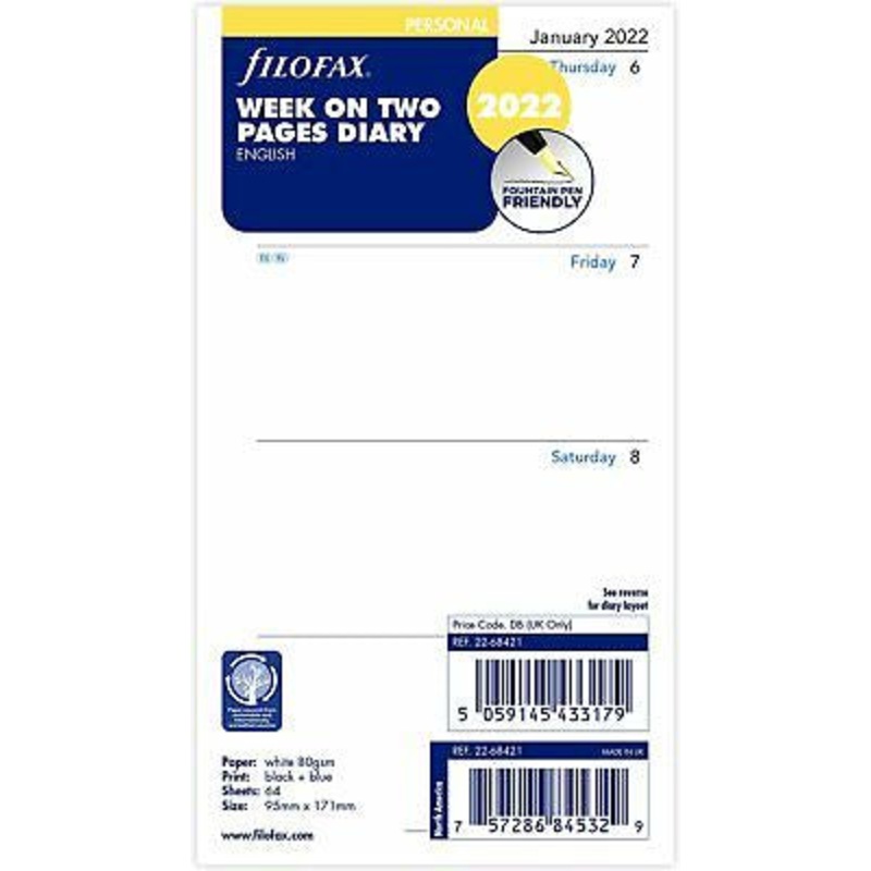 2022 Filofax Personal Week To View Refill