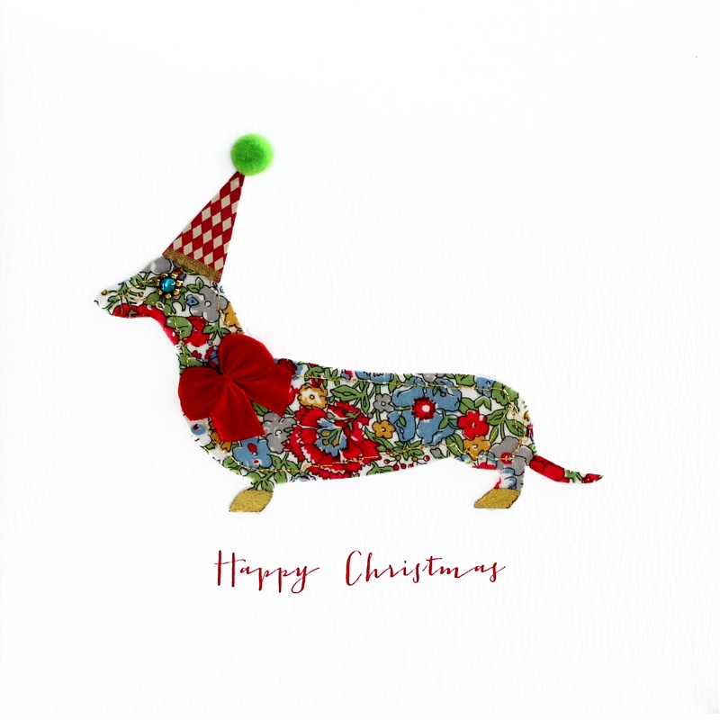 Fabric Dachshund Happy Christmas Card