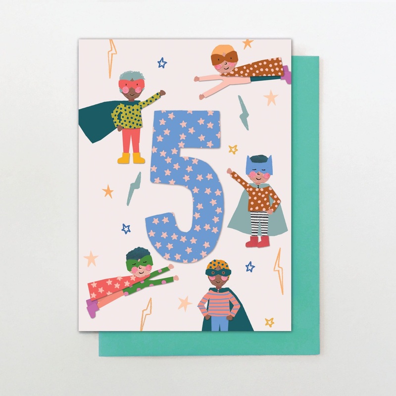 Age 5 Blue Superheroes Card