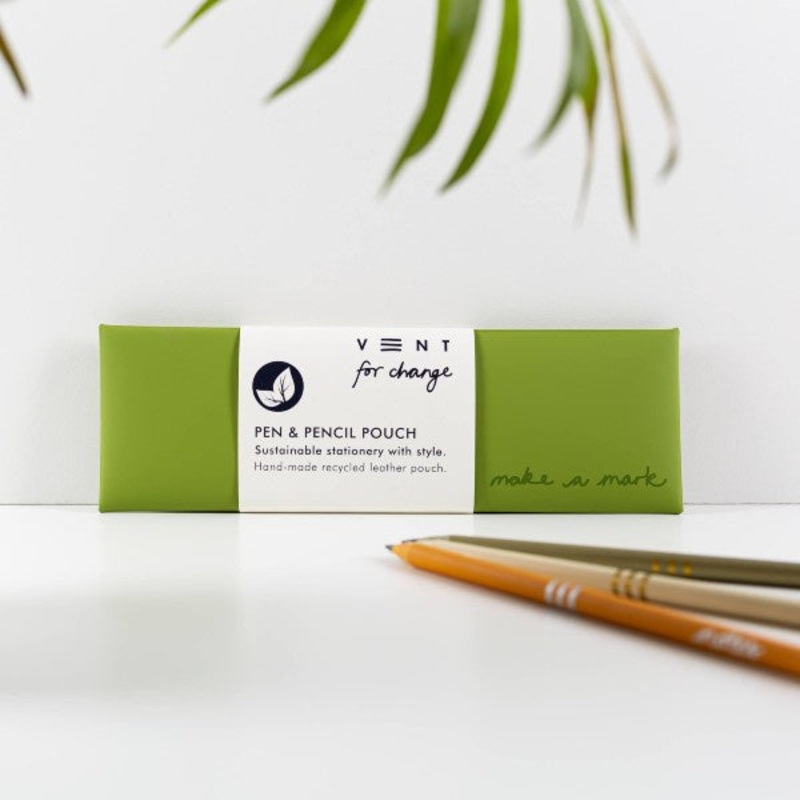 Green Recycled Leather Pen and Pencil Pouch