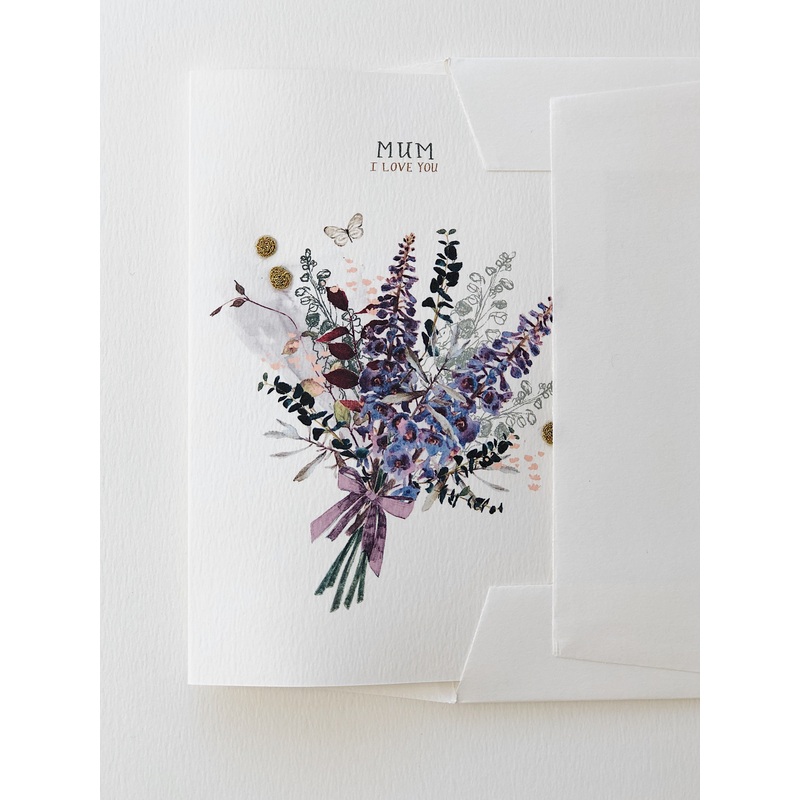 Hand Embroidered Delphinium Bouquet Mum I Love You Card