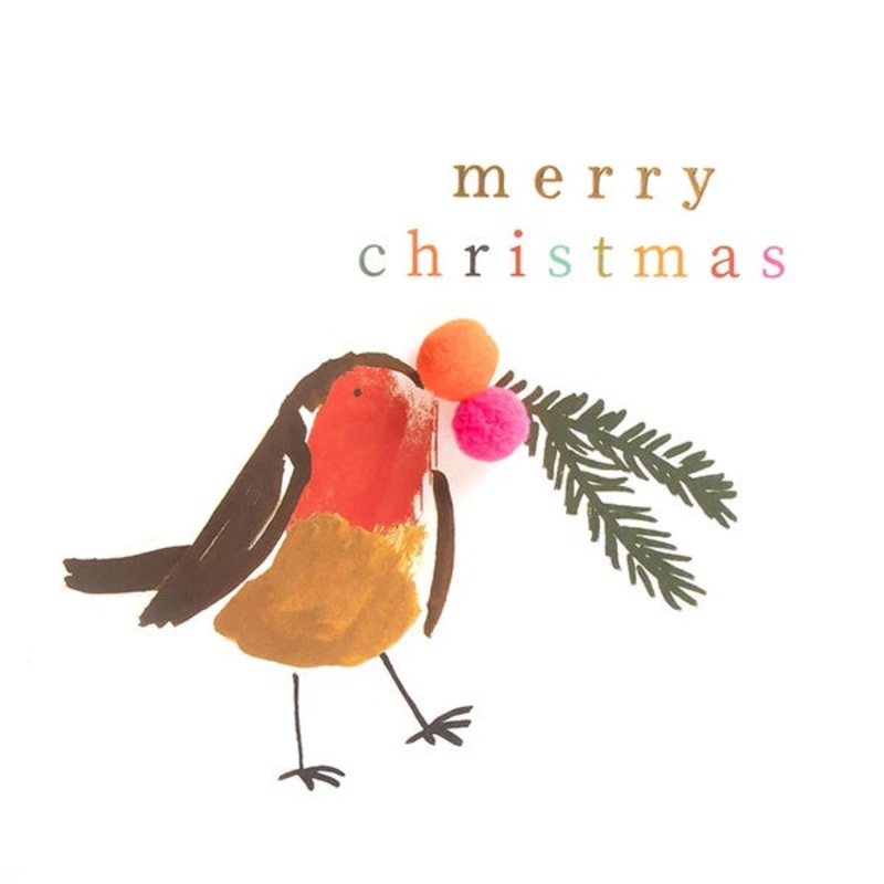 Merry Christmas Robin Pom Berries and Sprig
