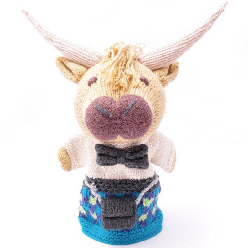 Scottish Highland Cow in Blue Kilt Hand Puppet
