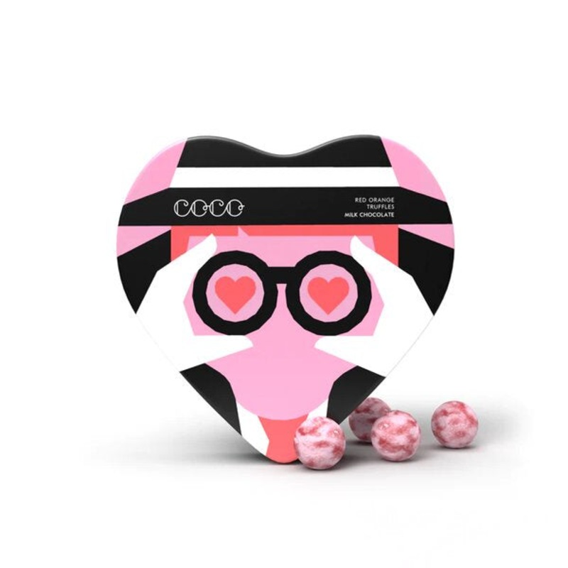 Red Orange Truffles in Heart Tin 100g