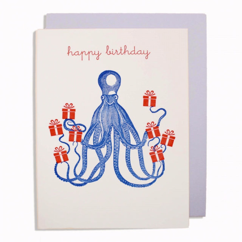 Happy Birthday Blue Octopus Holding Gifts Card