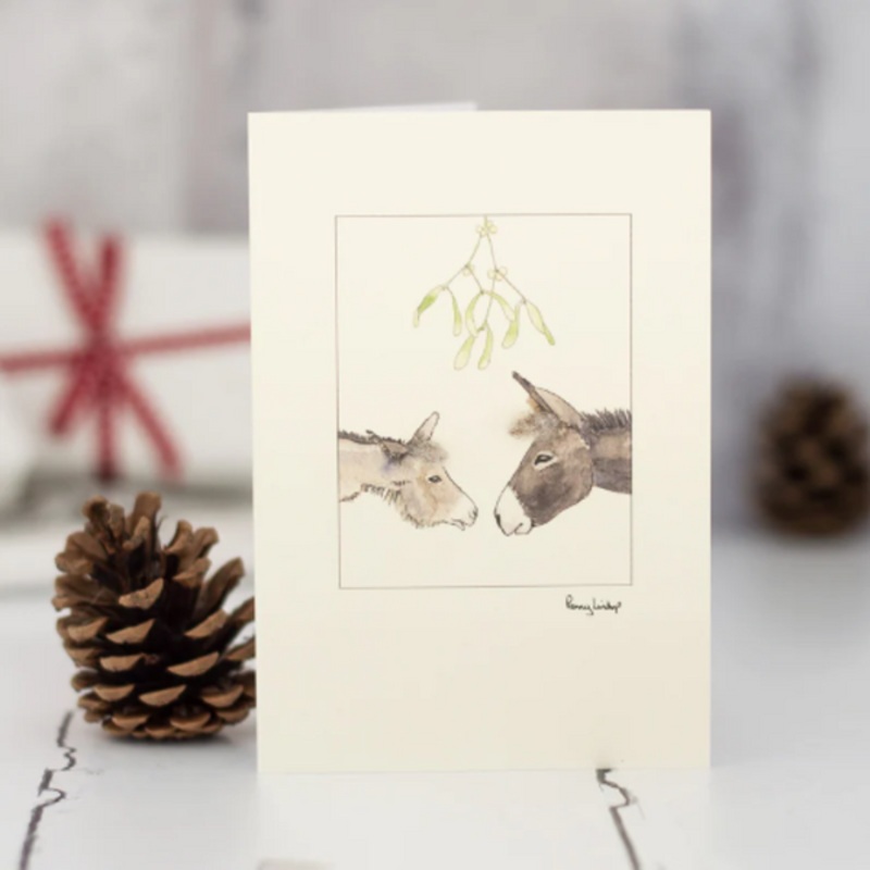 Donkeys Under Mistletoe Christmas Card