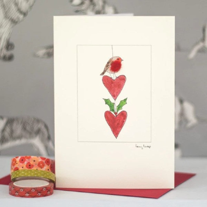 Robin on String of Hearts Christmas Card