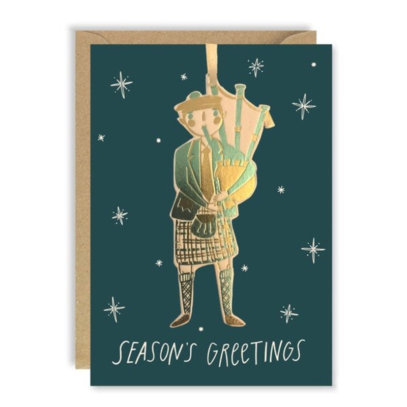 Season's Greetings Green Bagpiper Ornament Card