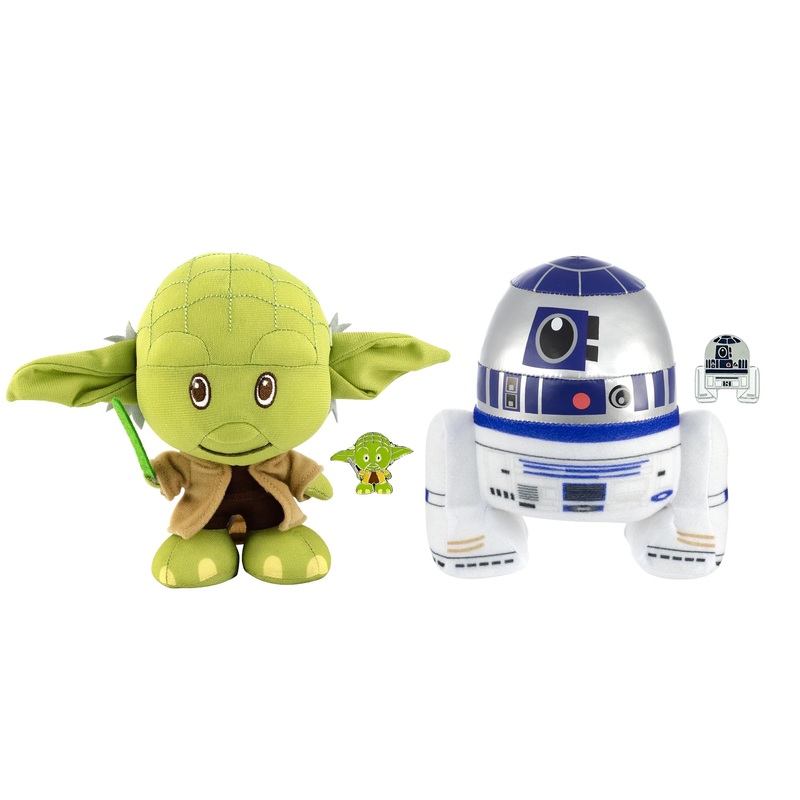 Star Wars Baby Yoda and R2-D2 Stylized 7 Inch Plush Set of 2 With Enamel Pins