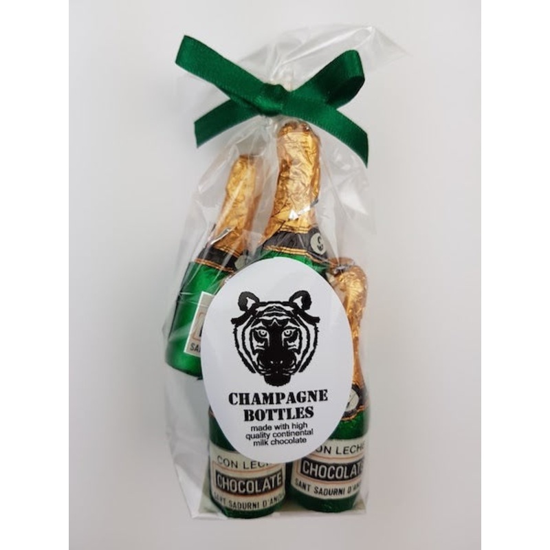 Paper Tiger Milk Chocolate Champagne Bottles in a Ribboned Bag