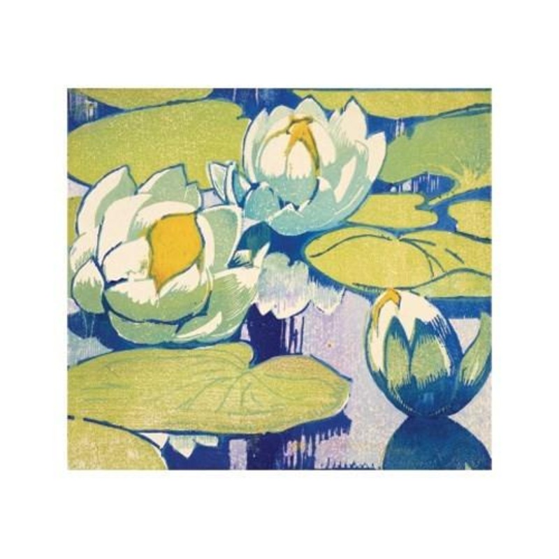 Blue and Green Water Lillies Woodcut Card
