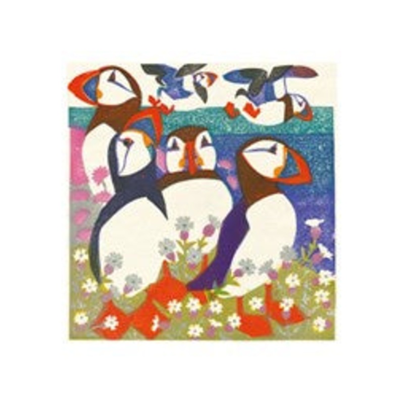 Puffins Woodblock Print Card